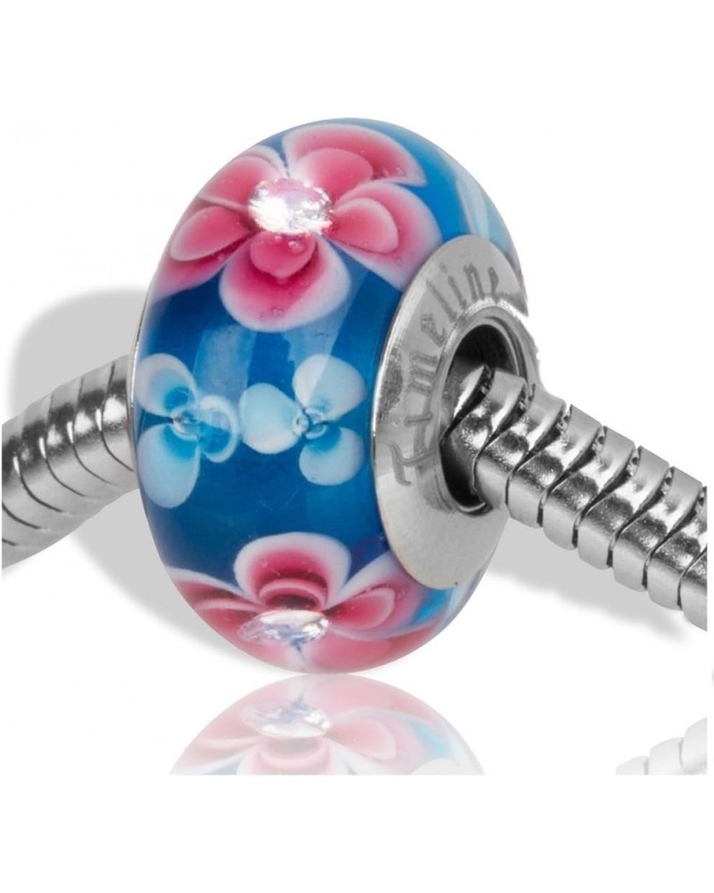 Paw Prints Charm for European Charm Bracelets Lampwork Glass Stainless Steel Pink Plumeria $10.19 Bracelets