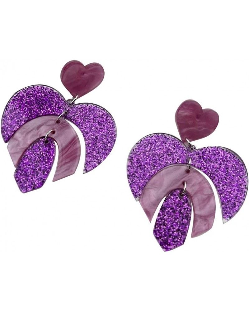 valentines day gift, glitter acrylic heart dangle drop earrings for women girls friend her favor decorations accessory purple...