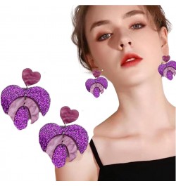 valentines day gift, glitter acrylic heart dangle drop earrings for women girls friend her favor decorations accessory purple...