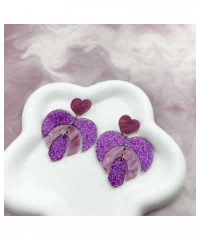 valentines day gift, glitter acrylic heart dangle drop earrings for women girls friend her favor decorations accessory purple...