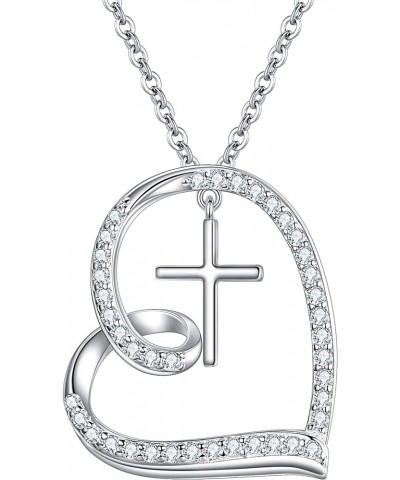 Cross 925 Sterling Silver Cubic Zirconia Necklace for Women with Chain Toggle Clasp Pendant First Communion Gifts for Girls F...