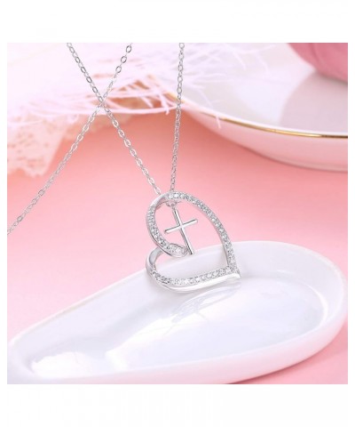 Cross 925 Sterling Silver Cubic Zirconia Necklace for Women with Chain Toggle Clasp Pendant First Communion Gifts for Girls F...