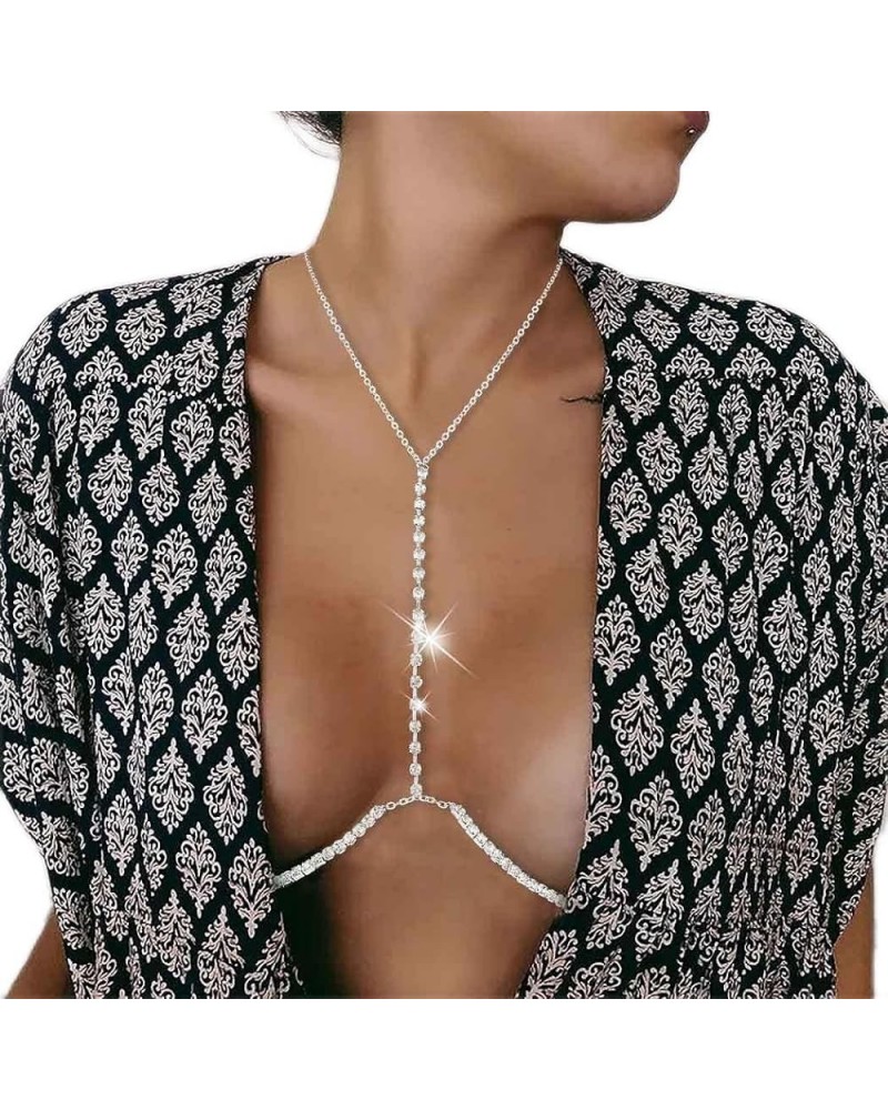 Sexy Rhinestone Body Chain Bra Crystal Waist Body Jewelry Boho Bikini Body Necklace Crossover for Women and Girls Silver $9.3...