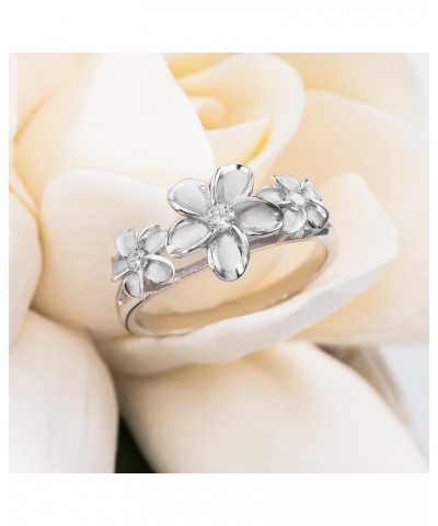 925 Sterling Silver Cubic Zirconia Three Hawaiian Plumeria Flower Eternity Band Promise Wedding Engagement Ring, Nickel Free ...