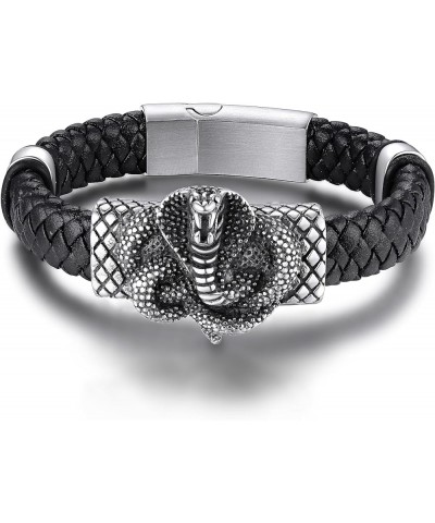 Stainless Steel Braided Leather Bracelet for Men, Punk Cuff Bangle 7.1'', 8.3'', 9 Inches Wristband, Black 9 Inches Naja - St...