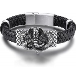 Stainless Steel Braided Leather Bracelet for Men, Punk Cuff Bangle 7.1'', 8.3'', 9 Inches Wristband, Black 9 Inches Naja - St...