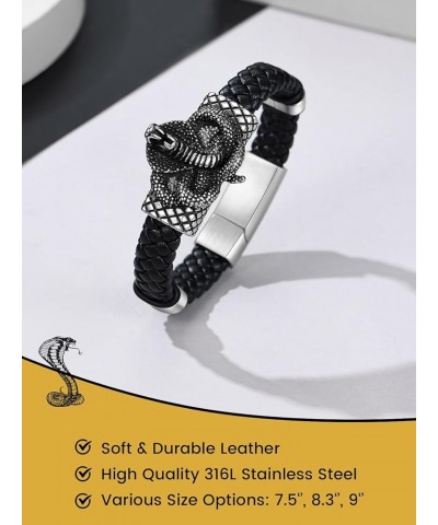 Stainless Steel Braided Leather Bracelet for Men, Punk Cuff Bangle 7.1'', 8.3'', 9 Inches Wristband, Black 9 Inches Naja - St...