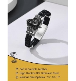 Stainless Steel Braided Leather Bracelet for Men, Punk Cuff Bangle 7.1'', 8.3'', 9 Inches Wristband, Black 9 Inches Naja - St...