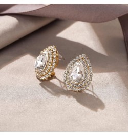 Wedding Austrian Crystal Stud Earrings for Bride, Elegant Teardrop Rhinestone Earrings Jewelry for Women Girls Clear Gold-Ton...