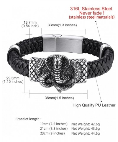 Stainless Steel Braided Leather Bracelet for Men, Punk Cuff Bangle 7.1'', 8.3'', 9 Inches Wristband, Black 9 Inches Naja - St...