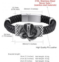 Stainless Steel Braided Leather Bracelet for Men, Punk Cuff Bangle 7.1'', 8.3'', 9 Inches Wristband, Black 9 Inches Naja - St...