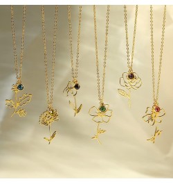 Birth Flower Birthstone Necklaces for Women Girls - 18K Gold Plated Stainless Steel 14.96+2.76inch Personalized Floral Birth ...