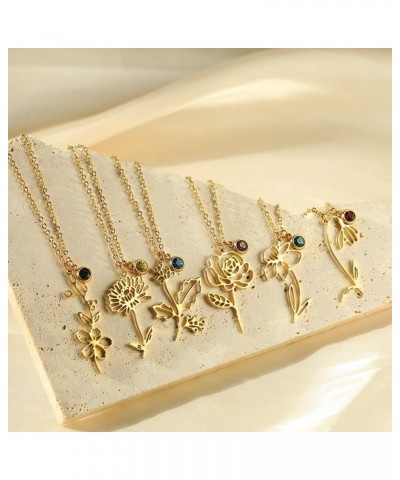 Birth Flower Birthstone Necklaces for Women Girls - 18K Gold Plated Stainless Steel 14.96+2.76inch Personalized Floral Birth ...