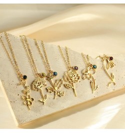 Birth Flower Birthstone Necklaces for Women Girls - 18K Gold Plated Stainless Steel 14.96+2.76inch Personalized Floral Birth ...