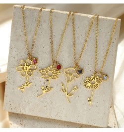 Birth Flower Birthstone Necklaces for Women Girls - 18K Gold Plated Stainless Steel 14.96+2.76inch Personalized Floral Birth ...