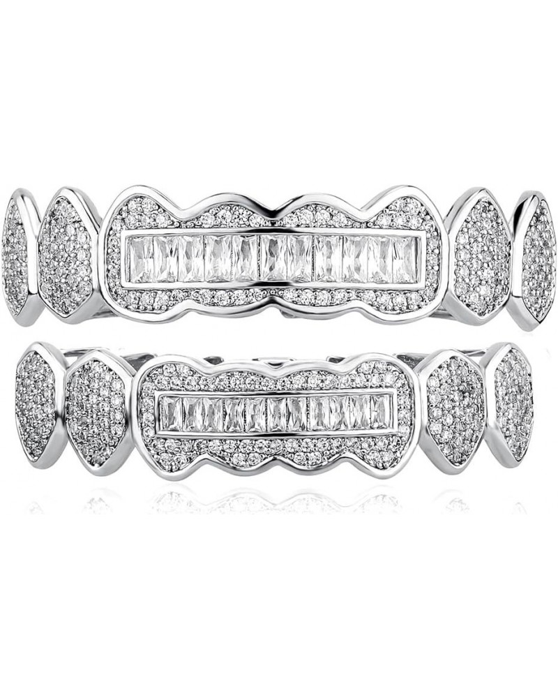 8 Tooth Grillz 14K Gold Plated Iced Out Baguette Round Simulated Diamond Grills for Your Teeth for Men Women Silver Iced Out ...