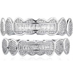 8 Tooth Grillz 14K Gold Plated Iced Out Baguette Round Simulated Diamond Grills for Your Teeth for Men Women Silver Iced Out ...