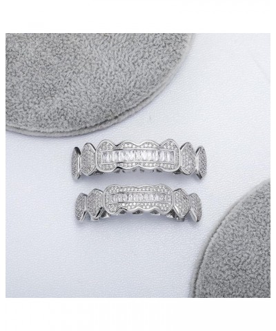 8 Tooth Grillz 14K Gold Plated Iced Out Baguette Round Simulated Diamond Grills for Your Teeth for Men Women Silver Iced Out ...