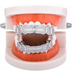 8 Tooth Grillz 14K Gold Plated Iced Out Baguette Round Simulated Diamond Grills for Your Teeth for Men Women Silver Iced Out ...