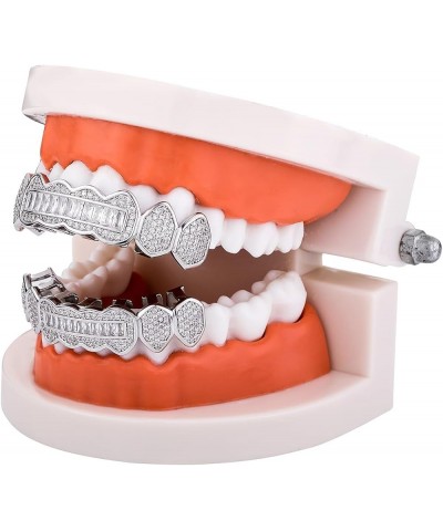 8 Tooth Grillz 14K Gold Plated Iced Out Baguette Round Simulated Diamond Grills for Your Teeth for Men Women Silver Iced Out ...