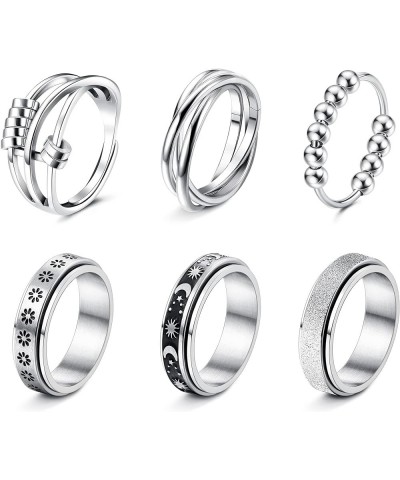 4/6/8/9 Pcs Fidget Anxiety Ring for Women Men Stainless Steel Spinner Ring for Anxiety Bead Flower Sun Moon Star Stress Relie...