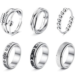 4/6/8/9 Pcs Fidget Anxiety Ring for Women Men Stainless Steel Spinner Ring for Anxiety Bead Flower Sun Moon Star Stress Relie...