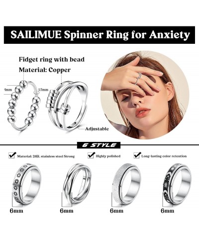 4/6/8/9 Pcs Fidget Anxiety Ring for Women Men Stainless Steel Spinner Ring for Anxiety Bead Flower Sun Moon Star Stress Relie...