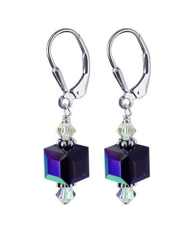 Faceted Cube and Bicones Austrian Crystals Handmade 925 Sterling Silver Leverback Drop Earrings for Women Black AB $15.33 Ear...