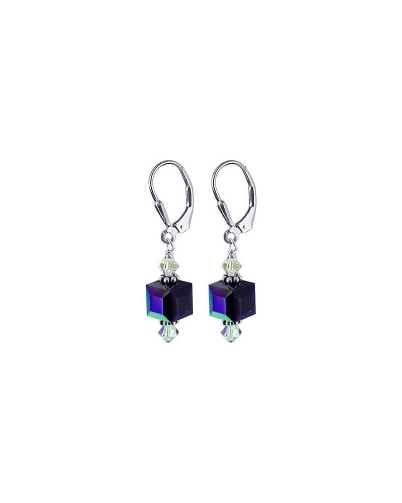 Faceted Cube and Bicones Austrian Crystals Handmade 925 Sterling Silver Leverback Drop Earrings for Women Black AB $15.33 Ear...