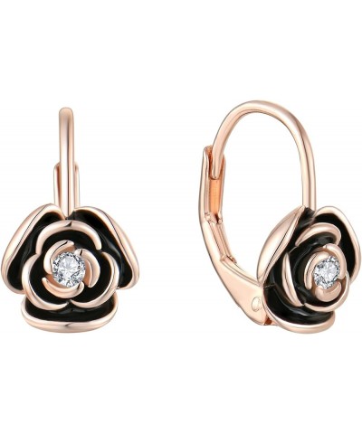 Rose Leverback Earrings for Women Girls 925 Sterling Silver Hypoallergenic Jewelry Black&Rose Gold $20.25 Earrings