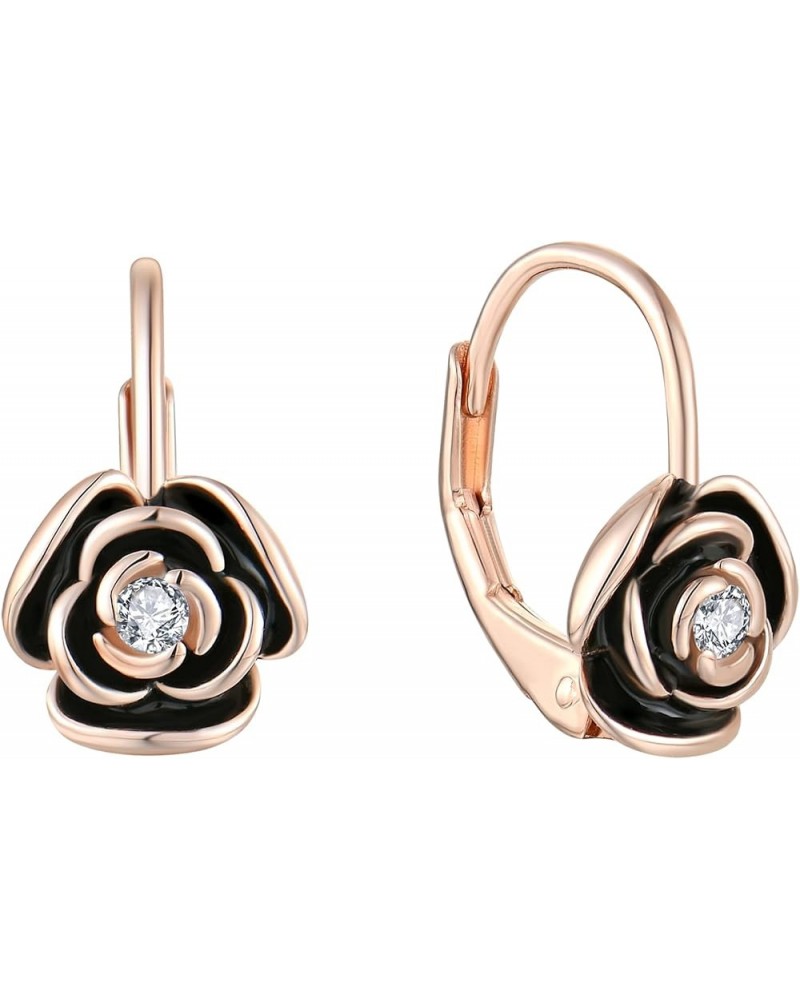 Rose Leverback Earrings for Women Girls 925 Sterling Silver Hypoallergenic Jewelry Black&Rose Gold $20.25 Earrings