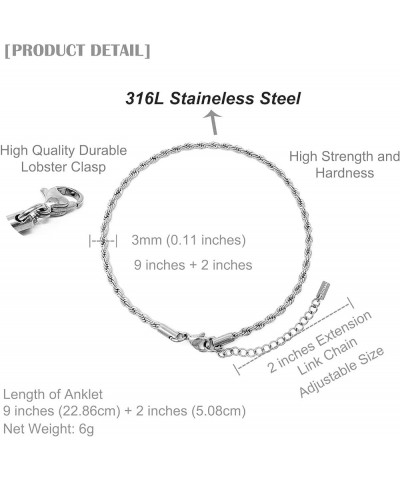 Stainless Steel Chain Anklet for Women Girls Waterproof Jewelry Adjustable Ankle Bracelet Jewelry H: Rope (Silver 3mm) $10.63...