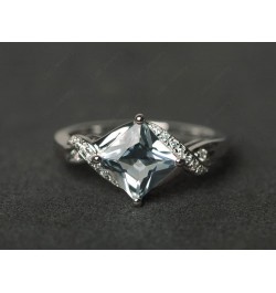 925 Sterling Silver Gemstone Ring Kite Set Square Cut 7X7 MM Engagement Ring for Women Aquamarine $66.00 Others