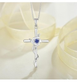 Cross Necklace for Women 925 Sterling Silver Rose Flower Birthstone Pendant Crucifix Faith Religion Necklace Created Gemstone...