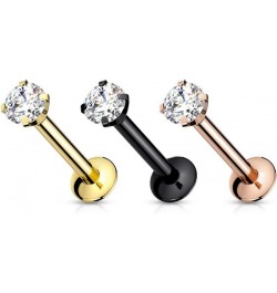 Dynamique CZ Prong Set Threadless Top PVD Over 316L Surgical Steel Push in Style Labret, Flat Back Stud (Sold Per Piece) T: 1...