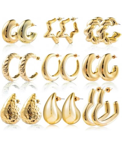 9 Pairs Hoop Earrings Set 16K Gold Plated Chunky Half Open Stud Earrings Lightweight Huggie Hoops Earrings for Women Girls Si...