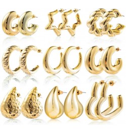 9 Pairs Hoop Earrings Set 16K Gold Plated Chunky Half Open Stud Earrings Lightweight Huggie Hoops Earrings for Women Girls Si...