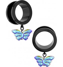 2PCS Black Dangle Ear Gauges for Women Screw On Plug Earrings Surgical Steel Butterfly Ear Tunnels Plugs Gauges Earrings 8g 6...