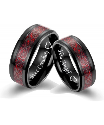 MZZJ Personalized Couple Matching Ring Punk 8MM 2 Tone Polish Black Stainless Steel Celtic Dragon Pattern Bevel Edge Wedding ...