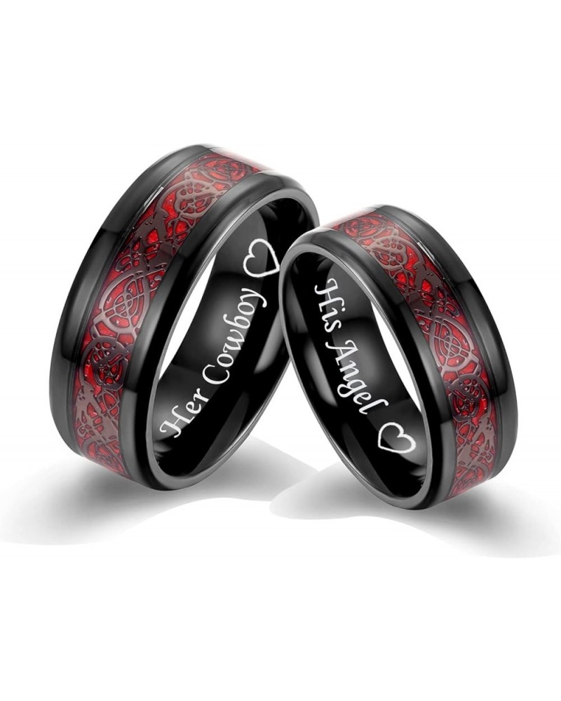 MZZJ Personalized Couple Matching Ring Punk 8MM 2 Tone Polish Black Stainless Steel Celtic Dragon Pattern Bevel Edge Wedding ...