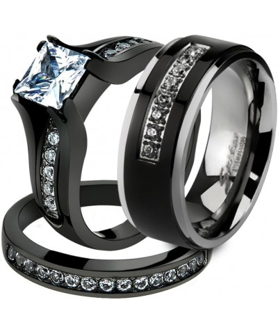 Her and His 3 Piece Black Stainless Steel Engagement Wedding Ring Set and Titanium Band Size Women's 07 Men's 13 $23.29 Sets