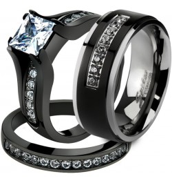 Her and His 3 Piece Black Stainless Steel Engagement Wedding Ring Set and Titanium Band Size Women's 07 Men's 13 $23.29 Sets