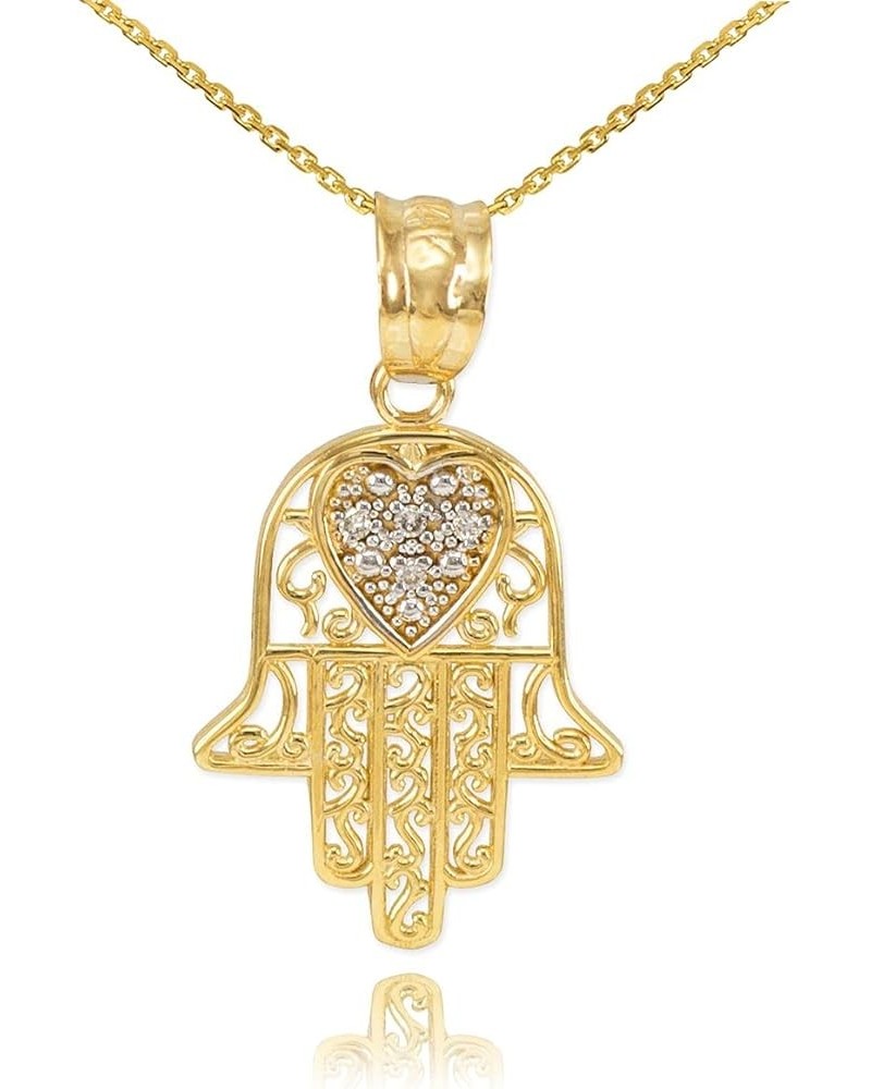 14K Yellow, White, or Rose Gold Diamond-Accented Heart Filigree-Style Hamsa Pendant Necklace (G-H Color, SI1-SI2 Clarity) - C...