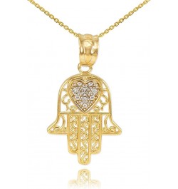 14K Yellow, White, or Rose Gold Diamond-Accented Heart Filigree-Style Hamsa Pendant Necklace (G-H Color, SI1-SI2 Clarity) - C...