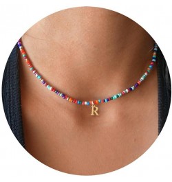 Colorful Beaded Initial Necklaces for Women, Boho Handmade Beads Choker Necklace, Personalized Stainless Steel Initial Neckla...