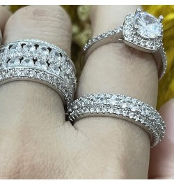 18K White Gold Plated Eternity Rings for Women Cubic Zirconia 7-Stone Wide Wedding Bands Round 3 Rows Promise Size 6-10 Silve...