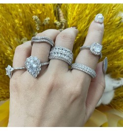 18K White Gold Plated Eternity Rings for Women Cubic Zirconia 7-Stone Wide Wedding Bands Round 3 Rows Promise Size 6-10 Silve...