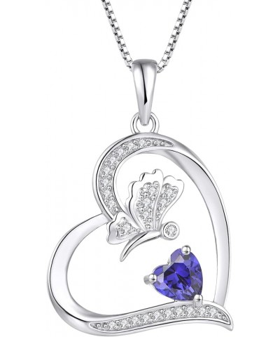 Silver Heart Butterfly Necklace with 12 Color Birthstone for Women Girls December - Tanzanite $25.80 Necklaces