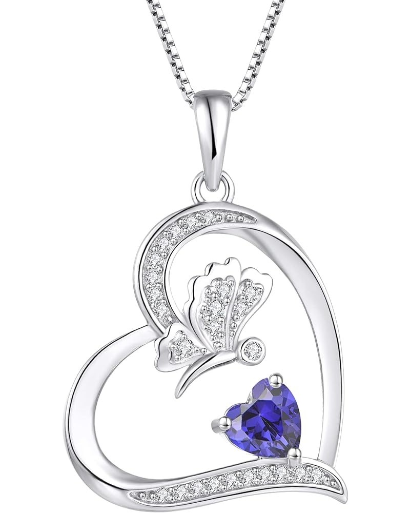 Silver Heart Butterfly Necklace with 12 Color Birthstone for Women Girls December - Tanzanite $25.80 Necklaces