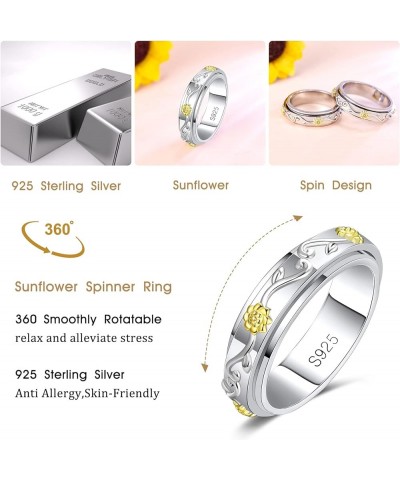 Fidget Ring Sterling Silver Anxiety Relieve Spinner Rings Rose Flower Sunflower Band Ring ADHD Autism Stress Relieving for Wo...